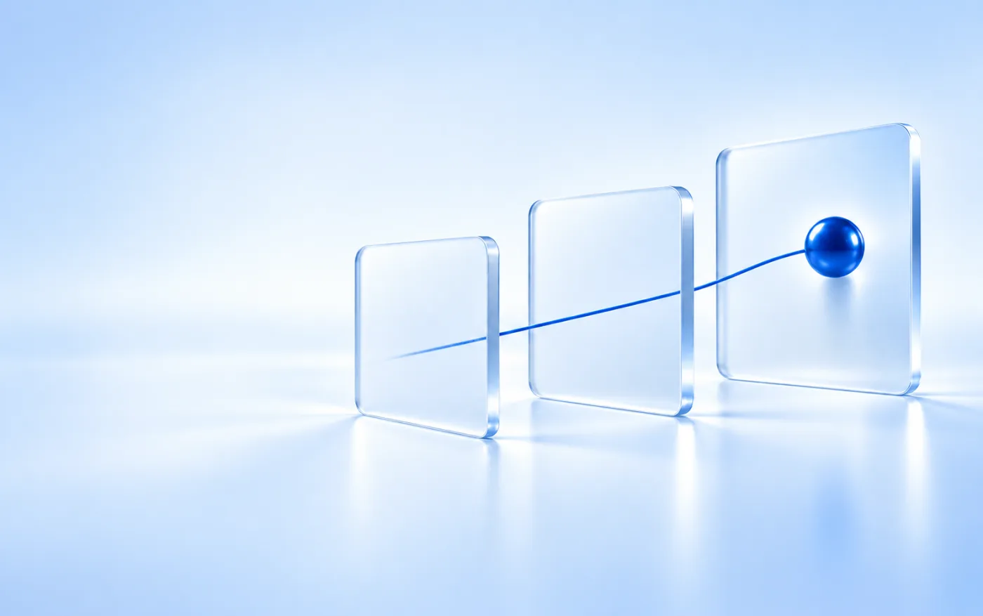 Three translucent glass panels connected by a blue line ending at a cobalt node, representing an AI project moving from plan to evidence to review.